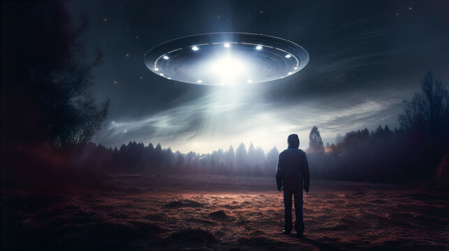 Generative AI image of back view of anonymous male standing on forest ground with trees against flying UFO with lights cloudy sky mounts at night