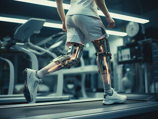 Generative AI illustration of cropped unrecognizable amputee sport man training in treadmill with bionic legs prosthesis with robotic technology