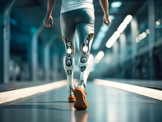 Generative AI illustration of cropped unrecognizable amputee sportsman walking in illuminated corridor with bionic legs prosthesis with robotic technology