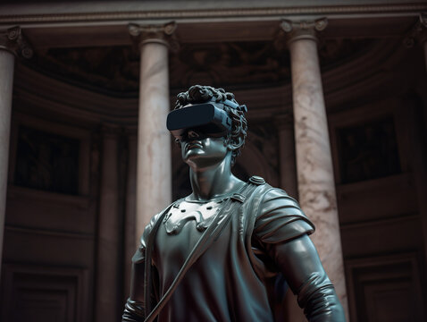 Generative AI illustration of gray statue with VR and standing in background of concrete walls