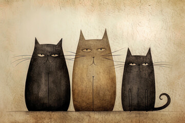 Generative AI illustration of cats family sitting while looking at camera against brown and white background