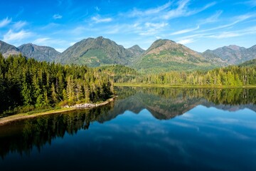 Picturesque landscape of Anutz Lake in Vancouver Island, British Columbia, Canada.