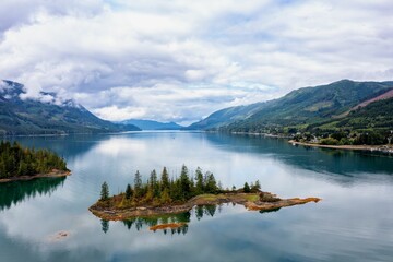 Aerial shot of Neroutsos Inlet, Port Alice, Vancouver Island, BC Canada.