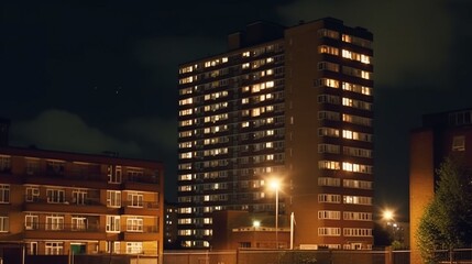British council estate buildings in the UK at night AI generative - obrazy, fototapety, plakaty