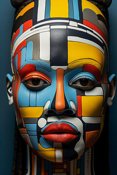 Generative AI illustration of tribal woman with traditional painting on face and head bead accessory looking at camera in blue background