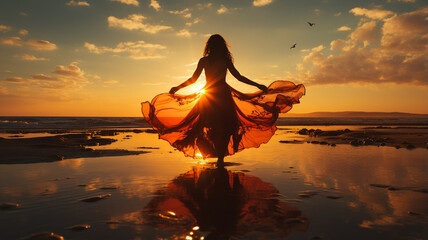 young girl in red dress with a backpack in the sunset