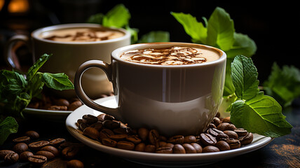 cup of coffee with coffee beans on wooden background
