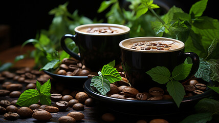 cup of coffee with coffee beans on wooden background