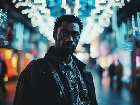 Cool black man on night city street with neon lights. - Powered by Adobe