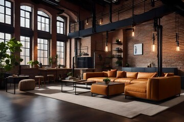The fusion of urban and industrial design in an industrial loft apartment's interior, showcasing the harmony of  brick walls and sleek, modern furnishings, all under the glow of contemporary lightin