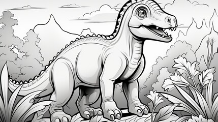 A coloring book for children and adults. Image of a dinosaur in black and white 