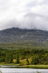 Scenic view of green mountains in Sweden on a cloudy day