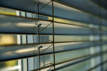 Workshop and office metal horizontal blinds line detail on background. - obrazy, fototapety, plakaty
