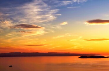 Golden hour, wonderful sky with colorful clouds in Aegean sea, Greece.