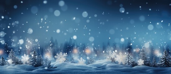 Fototapeta na wymiar Wintry scene with snowflakes soft lights blue sky backdrop perfect for Christmas time