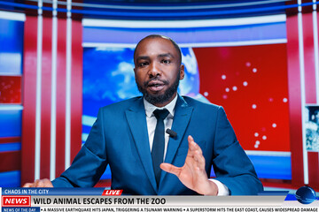 Wild creature breaks from zoo, raises concern in the region and rallies officials to protect the public. Newsroom live transmission with news anchor delivering stories and covering latest events. - obrazy, fototapety, plakaty