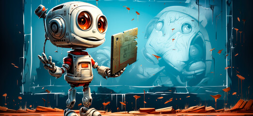 a robot illustration is pointing and is in front of a blackboard