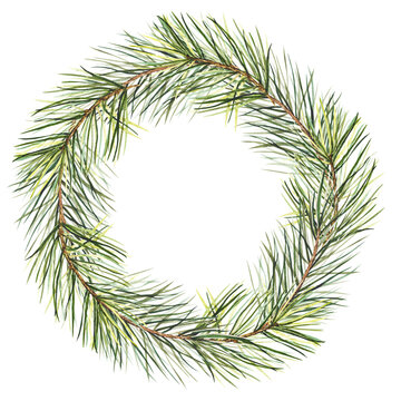 Watercolor wreath illustration with pine branch. Isolated cliparts with space for text for Christmas design, New Year compositions. Realistic hand drawn botanical elements.