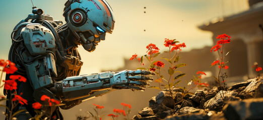 an advanced robot is in the field and is picking a red flower from the ground,