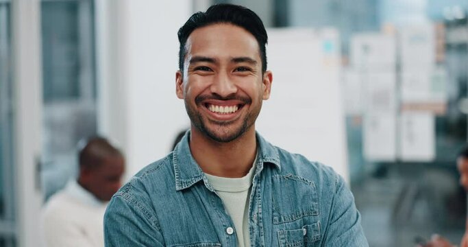 Happy, manager and business with man in meeting for planning, project management and smile. Leader, creative and support with portrait of employee in office for startup, professional and coaching