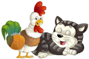 cartoon happyt farm or city domestic cat and rooster having fun isolated illustration for children