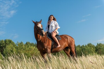 Attractive young woman riding her horse through a lush green field of tall grass