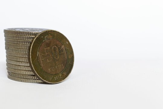 Shot of a Turkish lira coin on a white background