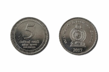 Close-up image of a Sri Lankan five rupee coins