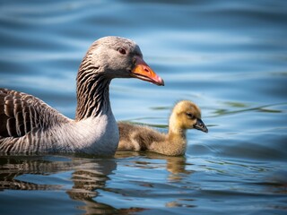 Goose with a duckling swimming on the body of water