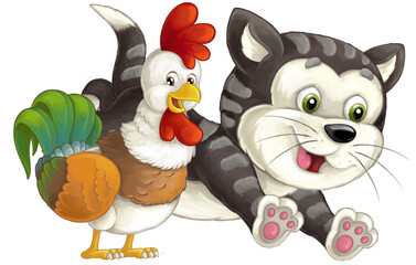 Obraz premium cartoon happyt farm or city domestic cat and rooster having fun isolated illustration for children