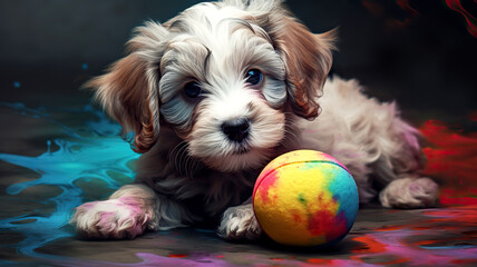 Cute puppy with ball on a dark background, studio shot. A dirty puppy in paint with a multi-colored ball covered in spilled paint. Illustration for puzzle or copybook cover