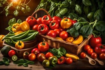 vegetables on a wooden table, A vibrant collection of healthy fruit and vegetables is displayed on a rustic wooden table, bathed in the soft, golden glow of a setting sun.