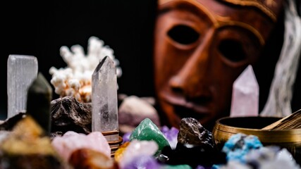 Wooden masks and crystal quartz