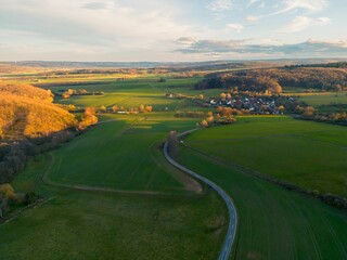 Fototapeta na wymiar Drone view of a road surrounded by greenery in the countryside during the golden hour