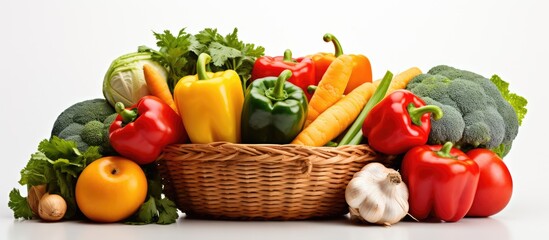 Vegetable composition with basket on white background