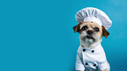 Portrait of a cute dog in a chef's costume on a blue background with space for advertising. Puppy cook on a blue background with space for text. Illustration for puzzle or copybook cover.