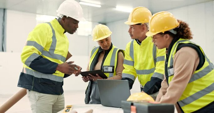 Engineering team, planning and laptop at construction site, blueprint design or collaboration in renovation meeting. Architecture group or people talking and tablet or computer of building floor plan