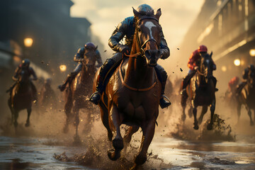 Racing horses galloping in the dust at sunset - obrazy, fototapety, plakaty