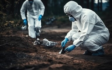 Criminologist in protective gloves working at crime scene outdoors. Generative AI - obrazy, fototapety, plakaty