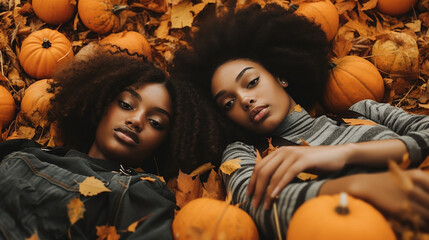 Two girls in the pumpkin field