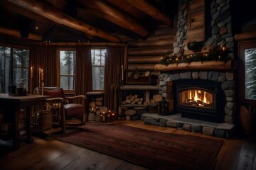 The cozy ambiance of a cabin's fireplace, with a stone hearth and vintage cabin decor