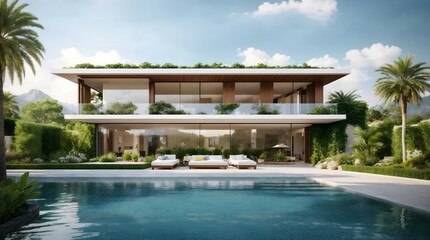 Modern luxury exterior home with pool design concept, architectural background 