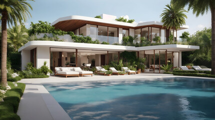 Fototapeta premium Modern luxury exterior home with pool design concept, architectural background 