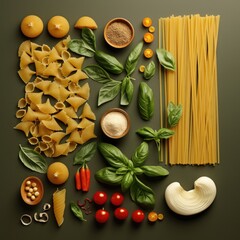Fototapeta na wymiar Assortment of Raw Italian Pasta with Fresh Ingredients on a Wooden Table.