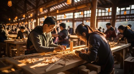 Skilled Craftsperson Crafting Wooden Artifacts in an Asian Workshop. - 650426213