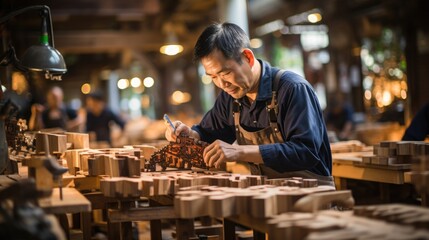 Skilled Craftsperson Crafting Wooden Artifacts in an Asian Workshop. - 650426225