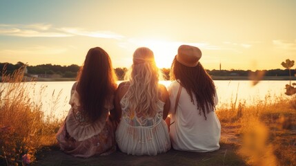 Young Women Enjoying a Summer Sunset by the River. - 650426248