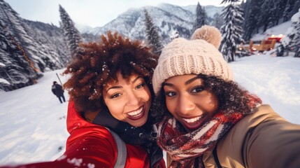 Happy Couple Taking a Playful Selfie during a Snowball Fight in a Winter Wonderland.
