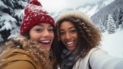 Happy Couple Taking a Playful Selfie during a Snowball Fight in a Winter Wonderland. - 650426276