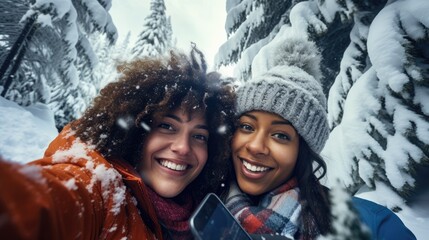 Happy Couple Taking a Playful Selfie during a Snowball Fight in a Winter Wonderland.